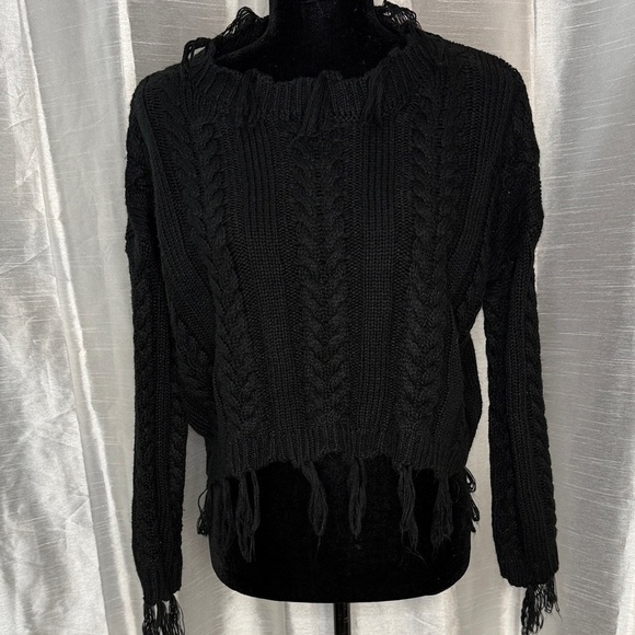 Altar’d State Black Cable Knit Fringe Boho Acrylic Relaxed Fit Sweater Womens S - Picture 1 of 9
